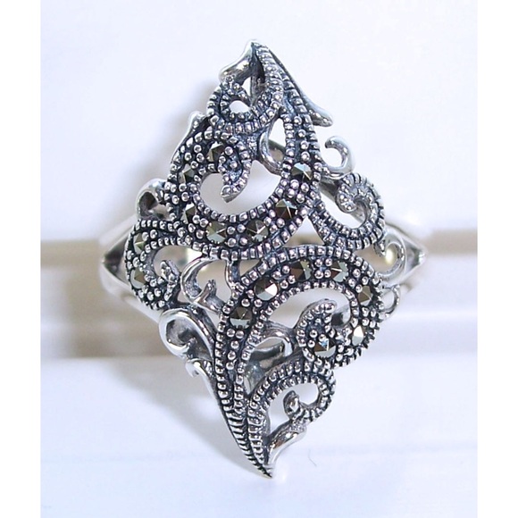 925 STERLING SILVER Swirl Marcasite Ring - Picture 12 of 15